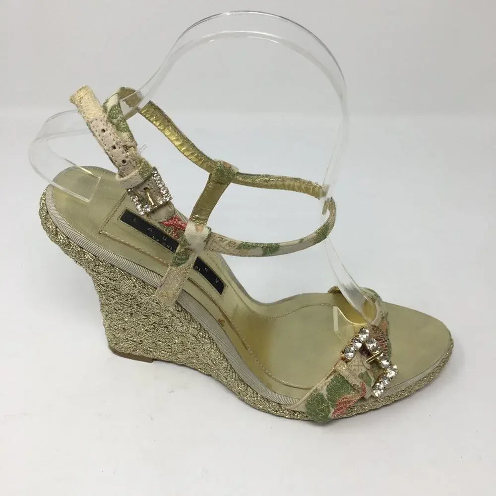 laundry by Shellli Segal Gold Floral Wedges 9.5